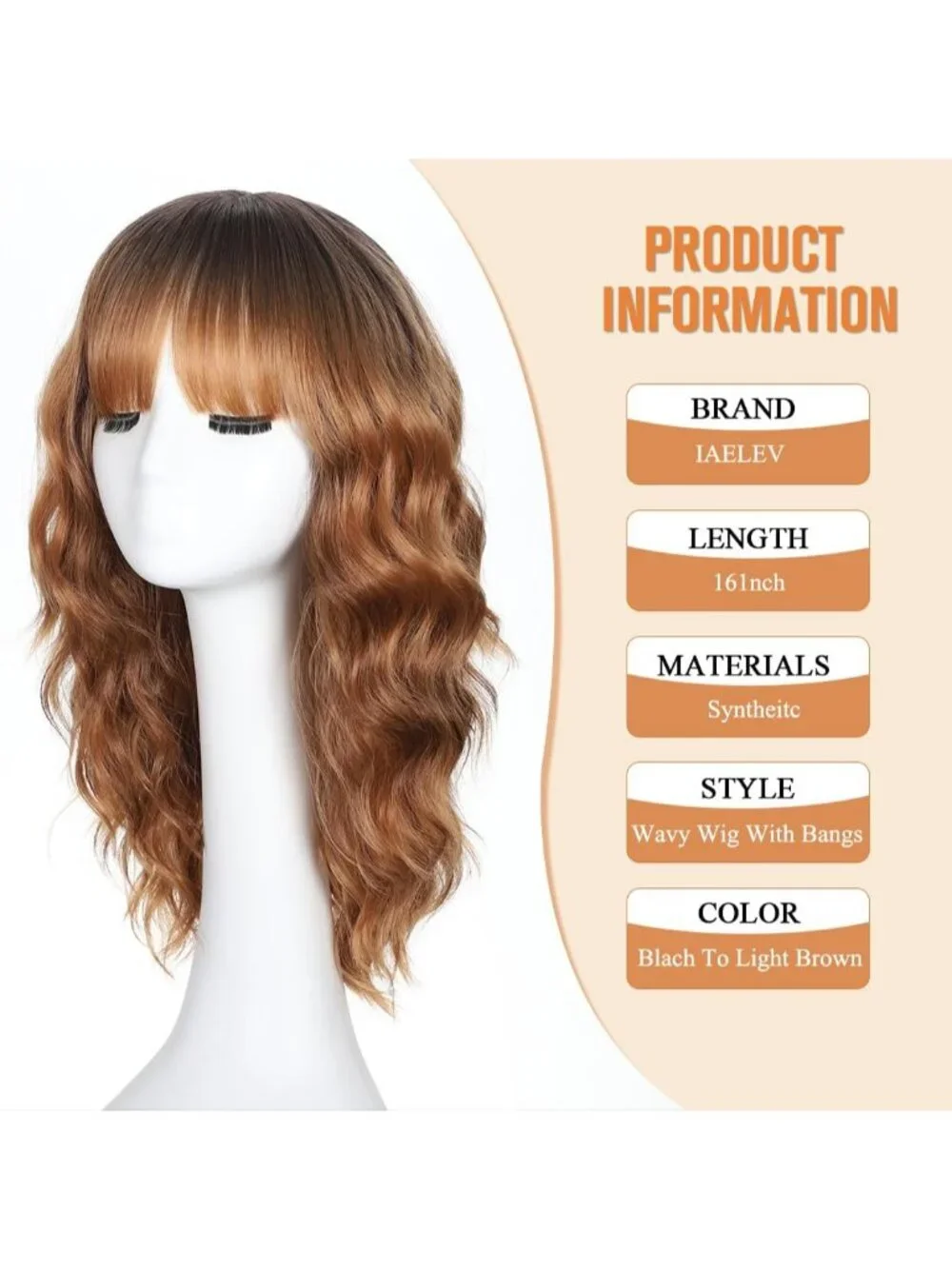 Women's Light Brown 16 Inch Wavy Wig Bangs Shoulder Length Synthetic Hair